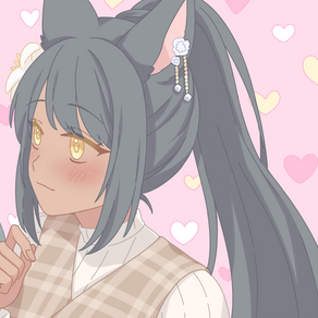 Digital artwork of a tanned cat girl with a long, black ponytail and yellow eyes. She is wearing a beige checkered jumper dress and a white, flower-shaped earring. She is facing left with a subtle blush.